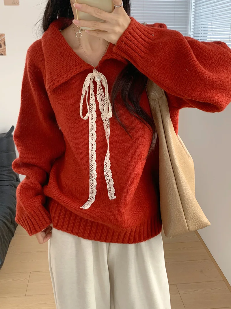 

Soft Sle Korean Doll Collar Thiened Knitted Sweater Women's Lace Bow Knot T Top Loose Fit Long Sve Winter Faion