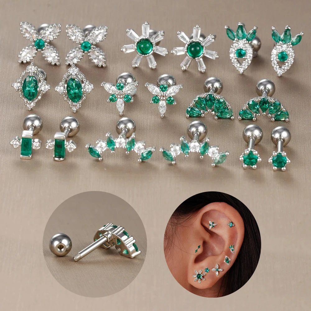 2PC Mały kolczyk ze stali nierdzewnej dla kobiet Mały zielony kryształ Cyrkonia Chrząstka Helix Tragus Piercing Kolczyki Biżuteria