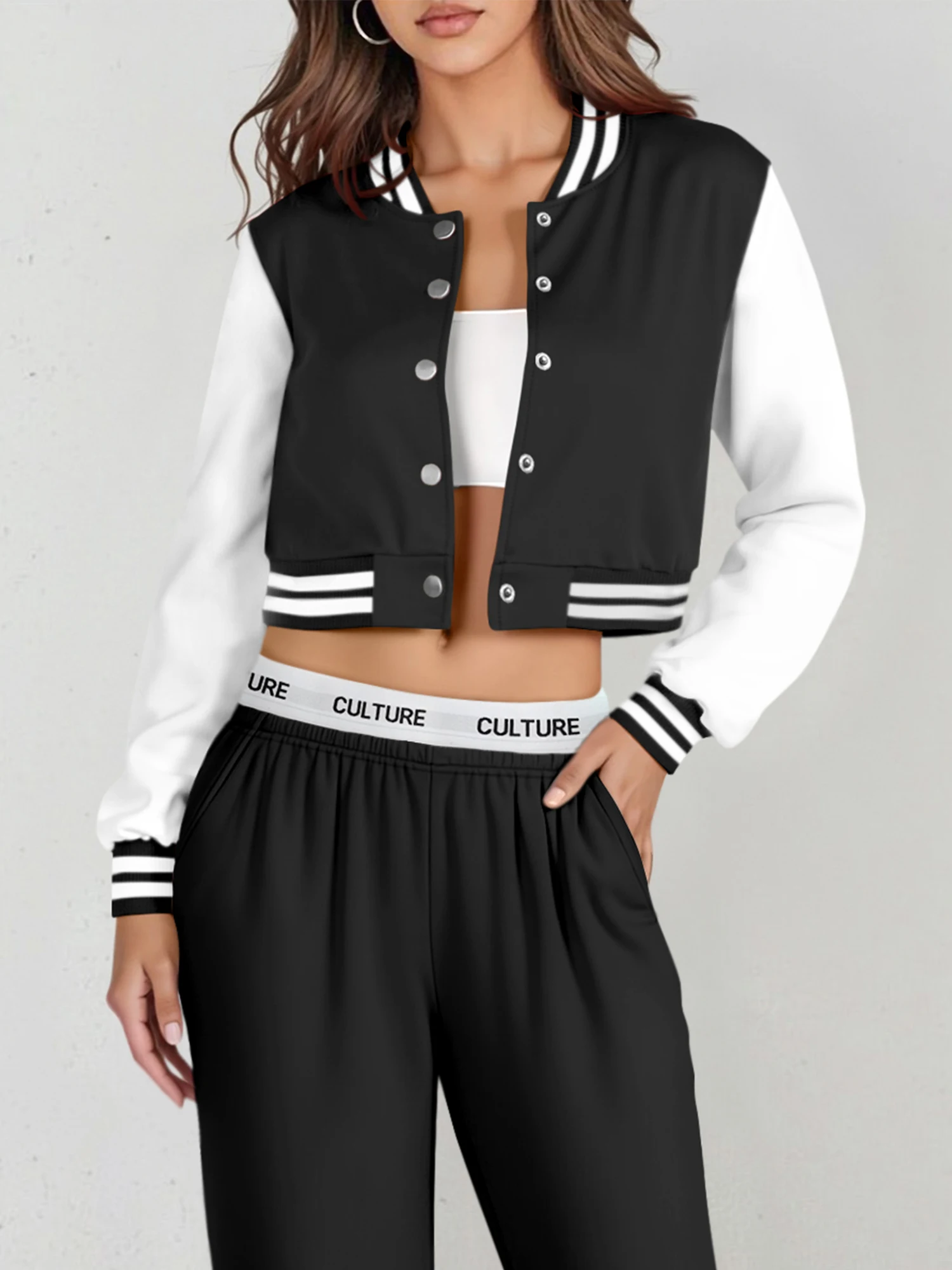 

Women's Casual Cropped Bomber Varsity Jacket, Striped Trim Color Block Long Sleeve Baseball Coat, Button Front Crop Top