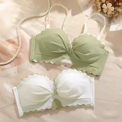 Sexy Cute Student Underwear Women's Steel Ring Small Chest Gathered Breasts Adjustable Anti-sagging Strapless Bra Set