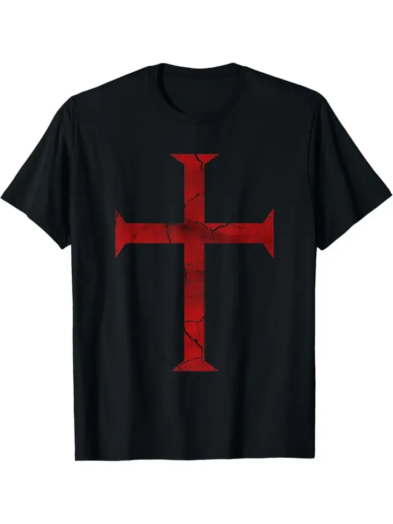 Camiseta Medieval de Cruzado para Hombre - Diseño Gráfico Cruz Templaria Deus Vult Desgastado - Camiseta de Algodón 100% de 180 g/m² de Alto Gramaje - Diseño de Cruz de Batalla Blanca y Roja - Corte Regular