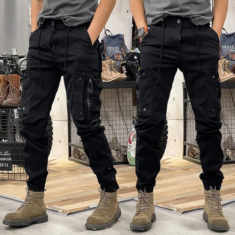 

Fashionable men's slim fit work pants, casual loose zipper, multi pocket jogging pants, elastic leg binding pants