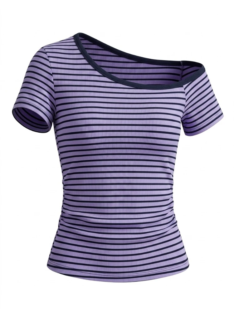 Trendy Diagonal Collar Short Sleeve T-Shirt 2026 Summer Women T-Shirts Retro Sexy Slim Off-Shoulder Top Striped Color Block Tee