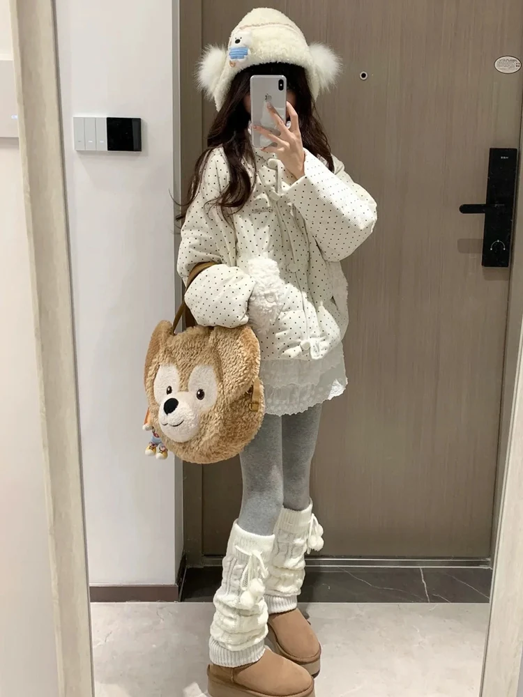 Polka Dot Bianco Puffer Jaet Donna 2025 Nuovo Thiened Allentato ort Velluto a coste Tuta Sportiva Autunno Inverno Coreano Sle Pendolarismo Vento