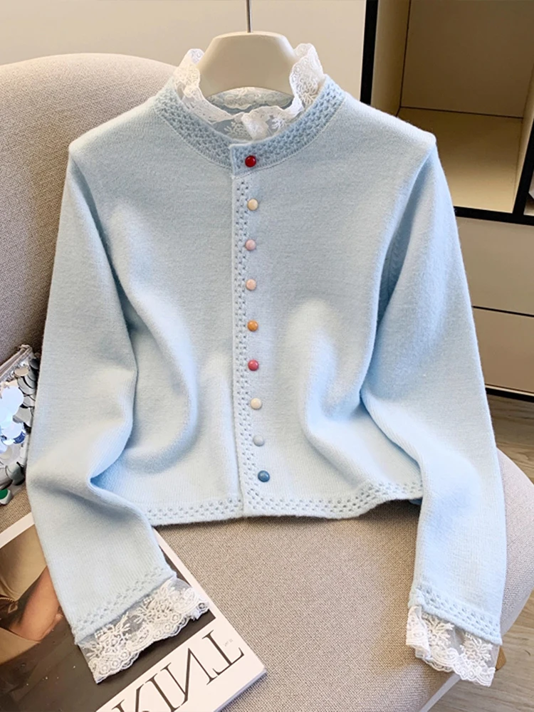 

High end light luxury women's gentle style lace stand up collar knitted sweater autumn and winter Korean version sweater
