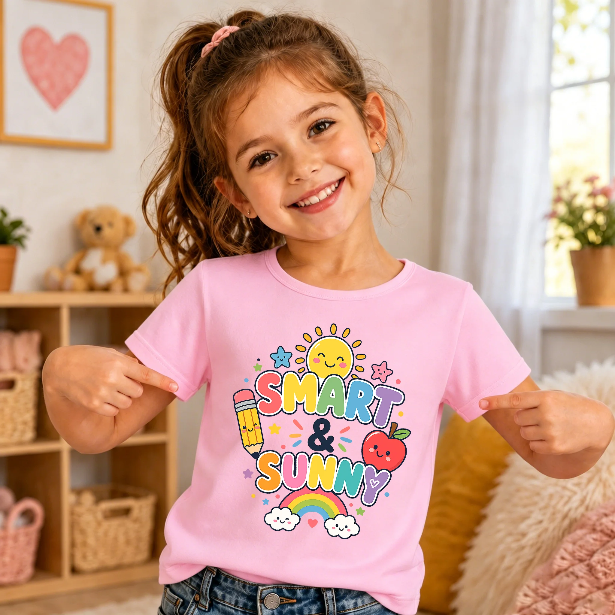 Kids Girls Smart & Sunny Cartoon Print T-shirt Cute Rainbow Sun Pencil Apple Graphic Short Sleeve Tee Toddler Back To School Cot
