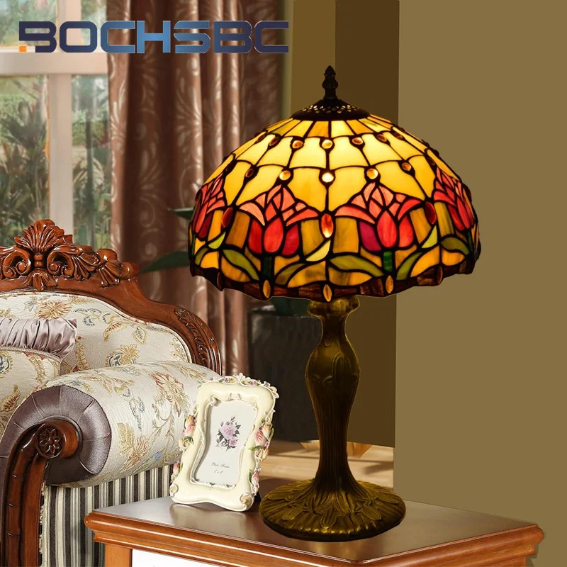 BOCHSBC Tiffany pastoral retro style red tulip desk lamp Art Deco hotel living room bedroom bedside festive lamp office lamp