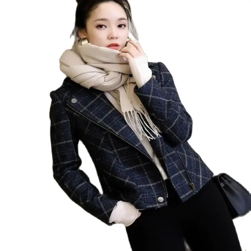 Chic Plaid Short Jackets Women Navy Blue Slim Woolen Office Lady Casual Biker Vintage Outwear Coat