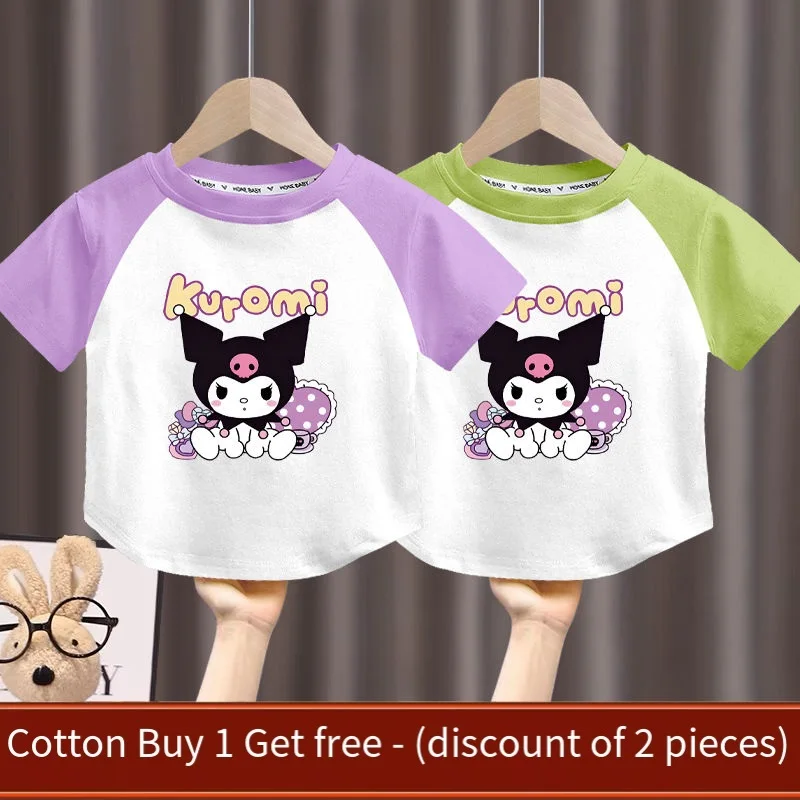 Camiseta de algodón de Anime Sanrios Kuromi para niños, camiseta de manga corta para niñas, Tops sueltos de media manga de dibujos animados, ropa informal para niños