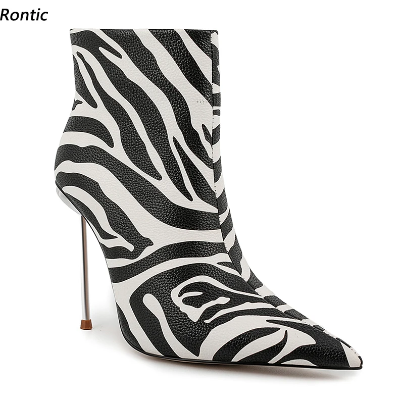 

Rontic женские зимние ботильоны с боковой молнией, пикантные туфли на шпильке с острым носком, элегантные черные туфли для ночного клуба с зеброй, размер США 6-13