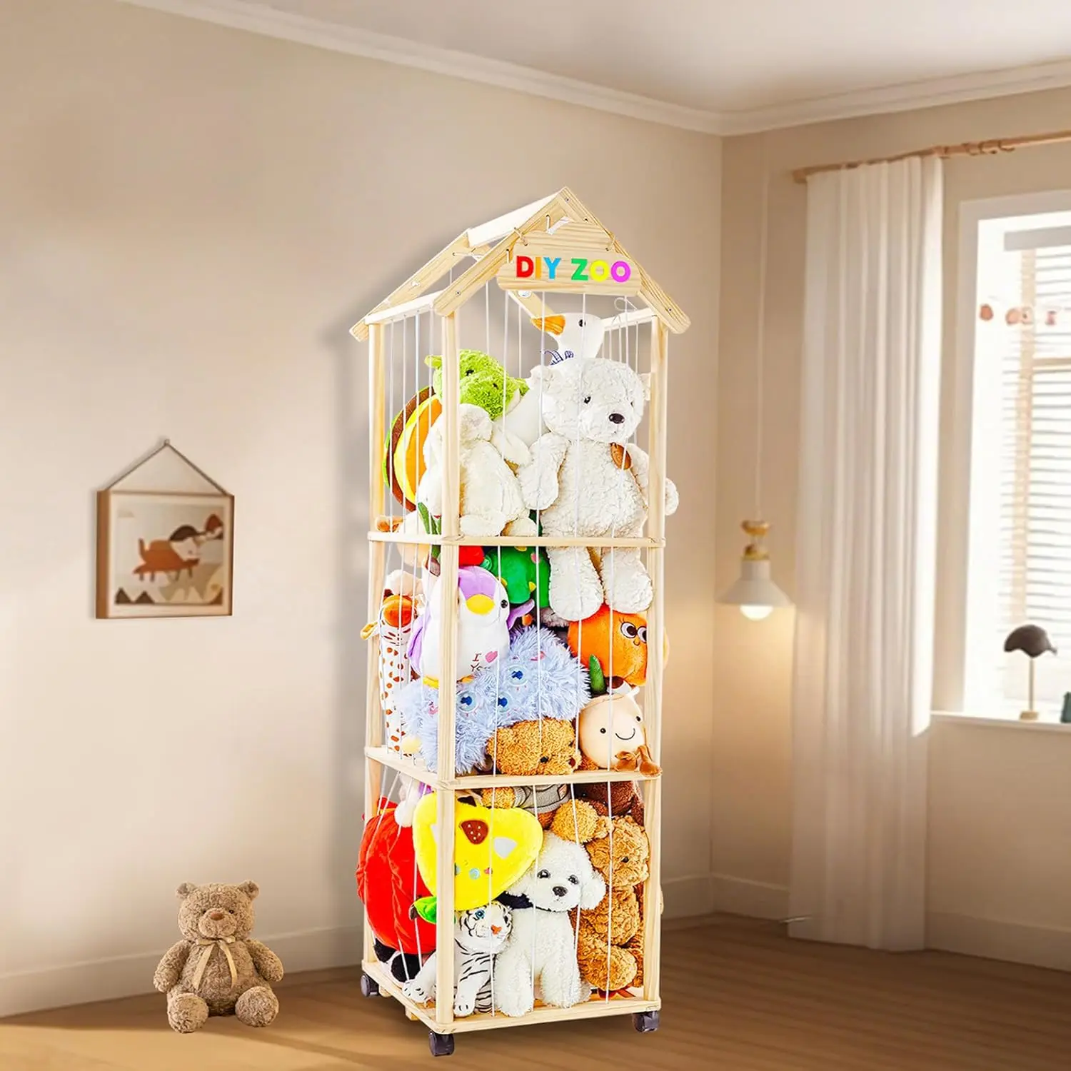 

Adjustable Wooden Stuffed Animal Organizer with Swivel Wheels for Nursery Playroom Bedroom Storage