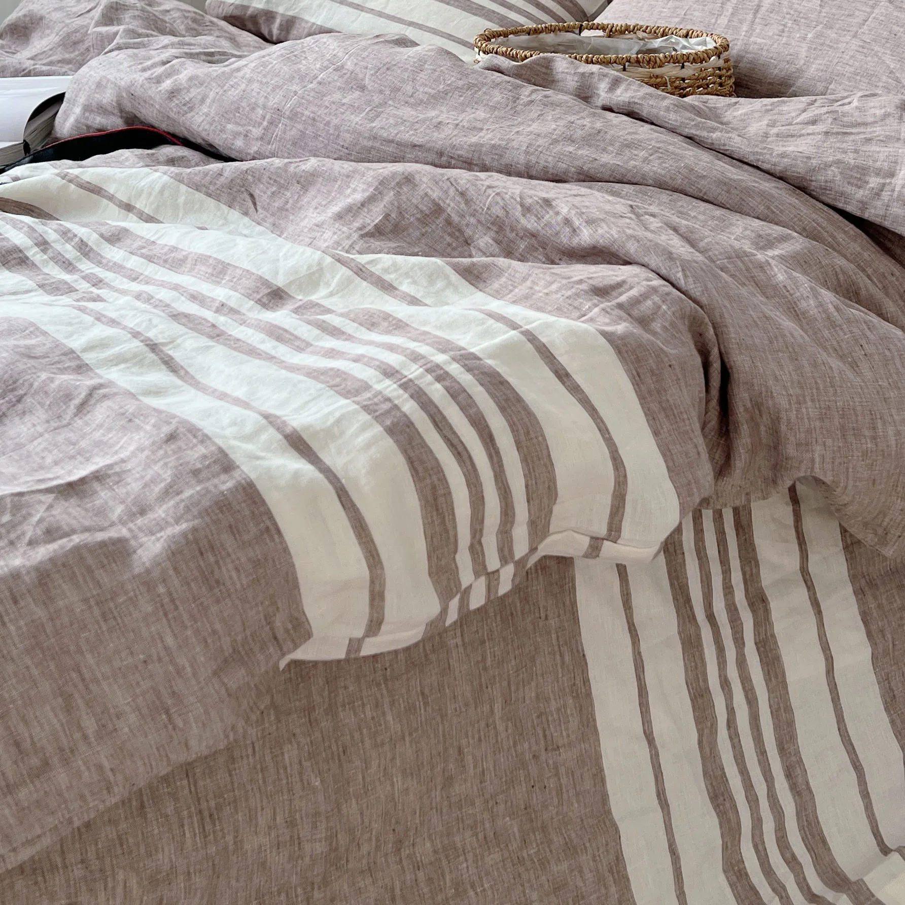 Enzyme washed pure linen striped fabric