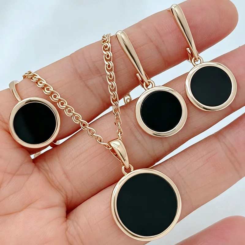 Kinel Hot Fashion Glossy Black Stone Ring Necklace Earrings For Women Simple Round 585 Rose Gold Color Wedding Jewelry Sets