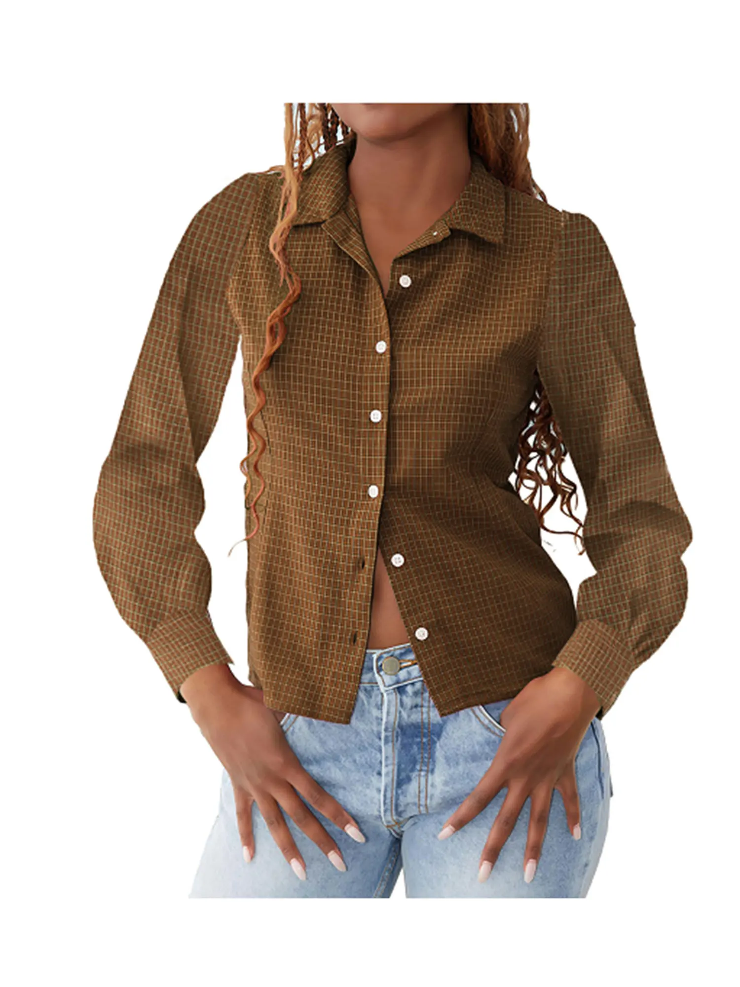 Camisas con botones para mujer Blusa casual de manga larga con estampado de cuadros y corte clásico Blusa de otoño