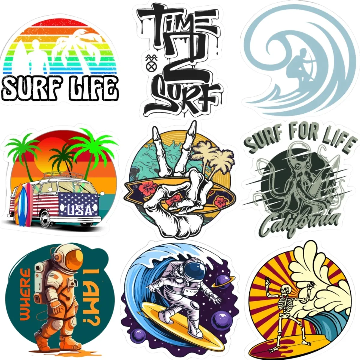 Surfing Vacation Ocean Wave Skeleton Creative Badge Stickers Motorcycle Wall Room Car Window Camper Table Boat Decal Assecories