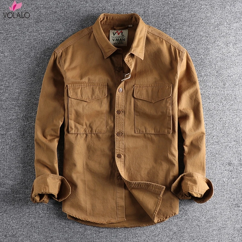 

VOLALO Spring Autumn American Retro Corduroy Solid Color Cargo Shirt Men's Pure Cotton Long-sleeved Pocket Casual Blouses Coat