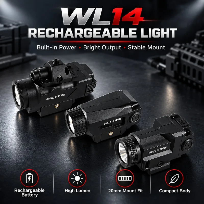 WL14 Under Rail Flashlight, Built-in Rechargeable Battery High Bright Model Lighting Accessory for 20mm Rail