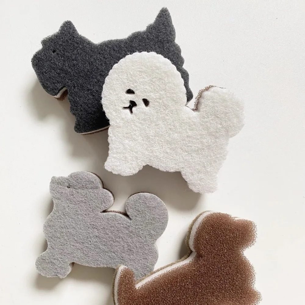 4pcs 3-Layer Dog Shape Sponge Scrubber Cartoon Non-Scratch Dual Sided Kitchen Brush Efficient Cleaning Oil Removal