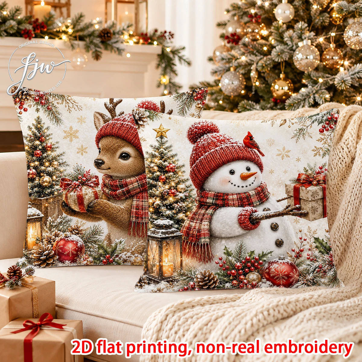 2pcs Christmas Throw Pillow Covers Vintage Snowman Reindeer Santa Xmas Decorative Cushion Cases for Home Sofa Couch