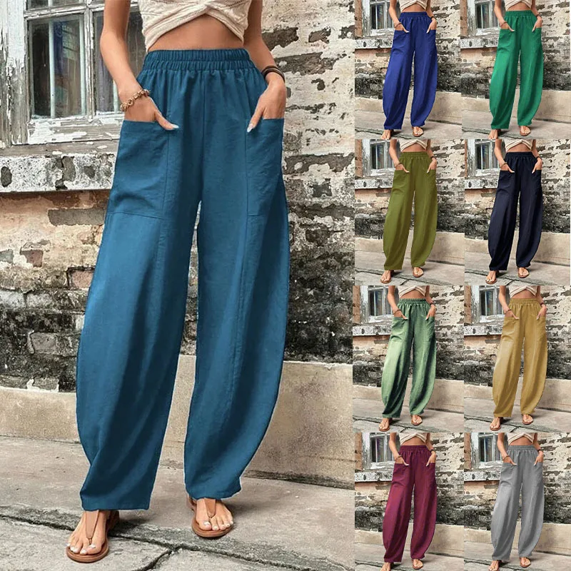 2024wish independent station Amazon pantaloni da donna transfrontalieri pantaloni casual da donna con tasca in tinta unita pantaloni elastici tro