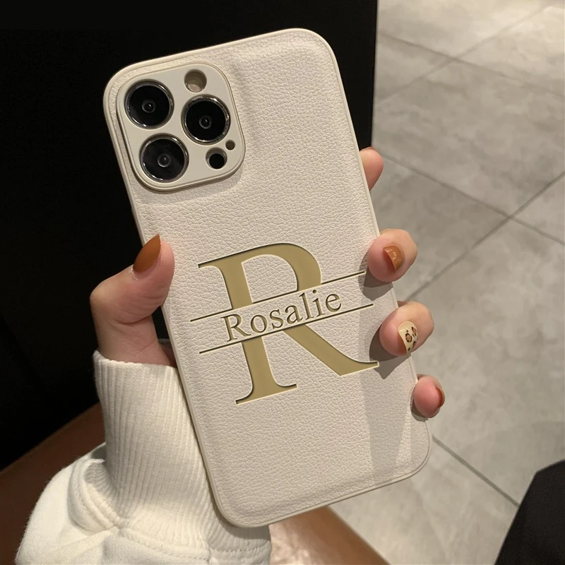 Personalisierte individuelle Initialen Namenshülle für iPhone 17, 16, 15, 14, 13, 12, 11, Pro Max Plus, großer Buchstabe, Lasergravur, Lederhülle – Detail 11