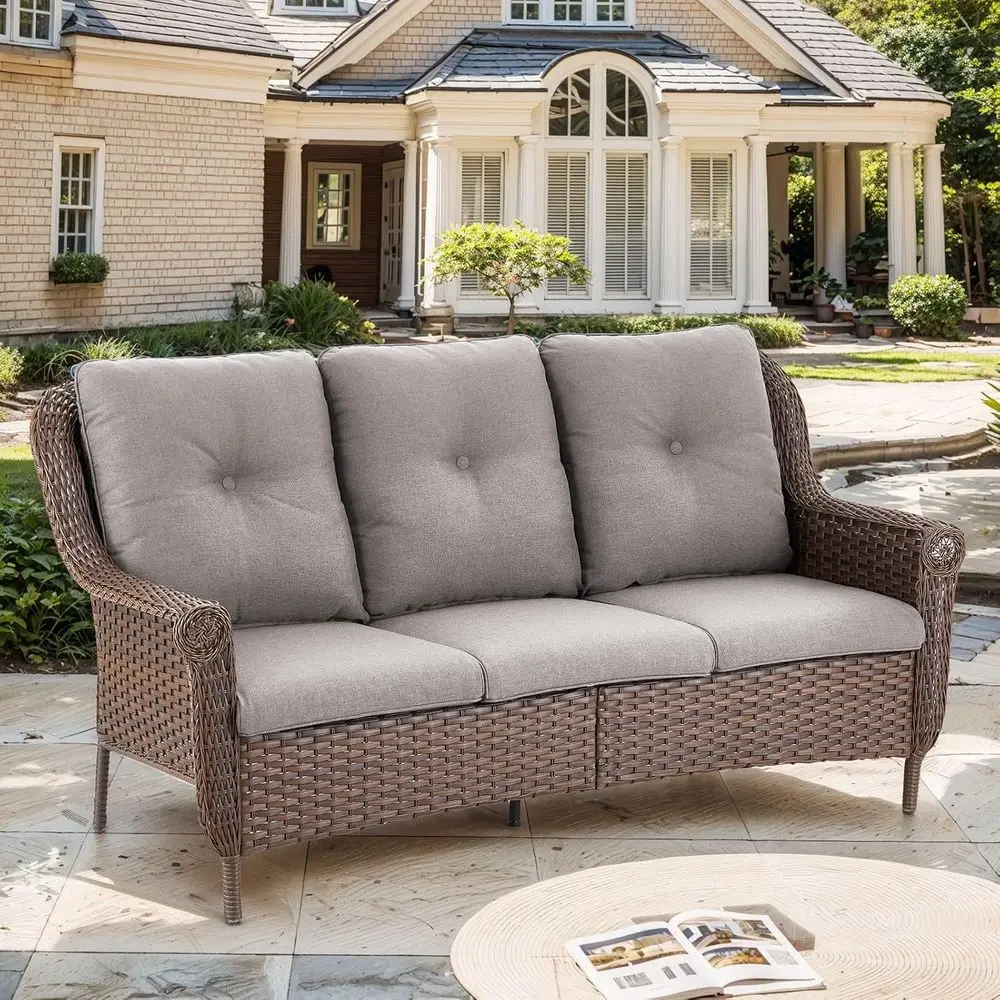 

All-Weather 3-Seater PE Wicker Outdoor Sofa - Brown/Grey for Patio, Lawn, and Garden
