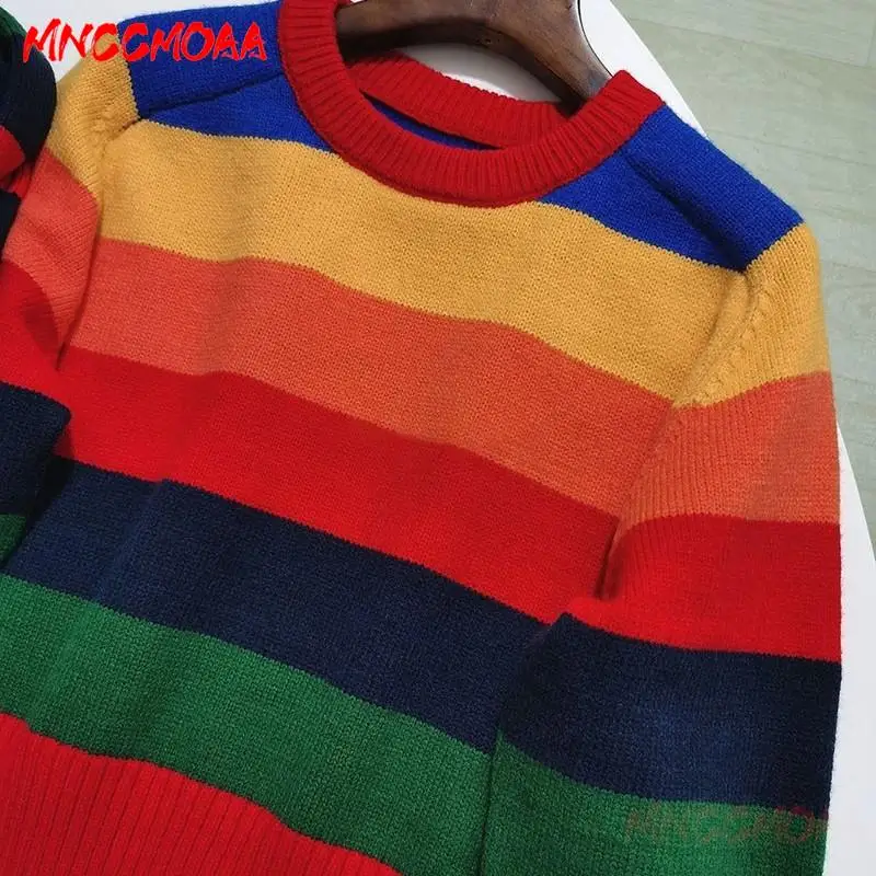 MNCCMOAA-Women's Loose Round Neck Streak Knit Sweater, Casual Long Sleeve Pullover, Commuting Top, Female Fashion, Autumn, 2024