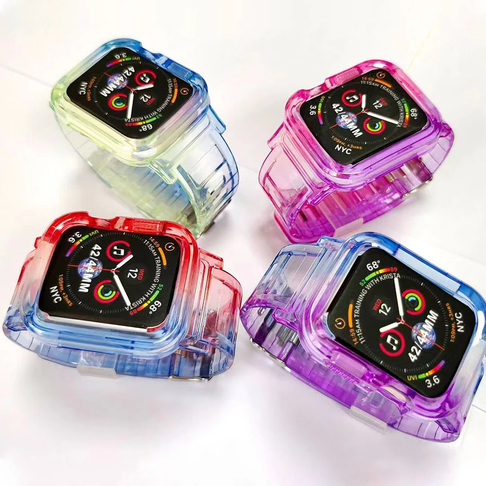 Case+Strap for Apple Watch 45mm 41mm 44mm 40mm Gradient All-in-One Watch Case for iWatch Series 8 7 6 5 4 3 SE Glacier Wristband