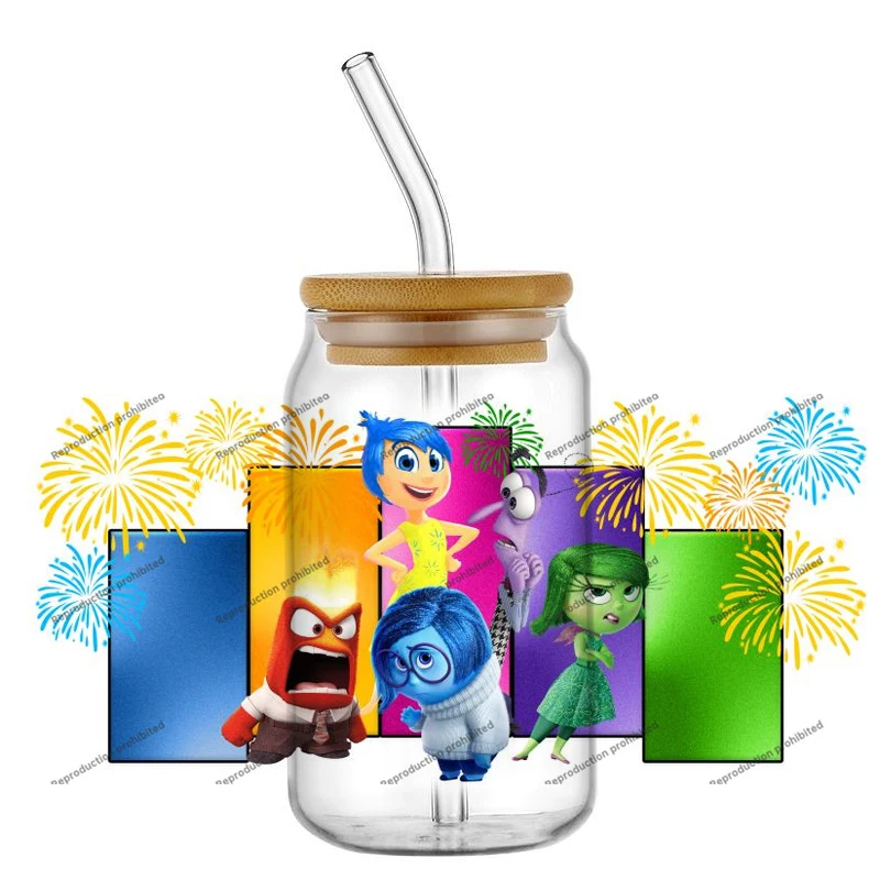 inside out cartoon pattern 16oz UV DTF Cup Wrap Cartoon Libbey Tumbler GlassCan Transfer Sticker Waterproof Self-adhesive