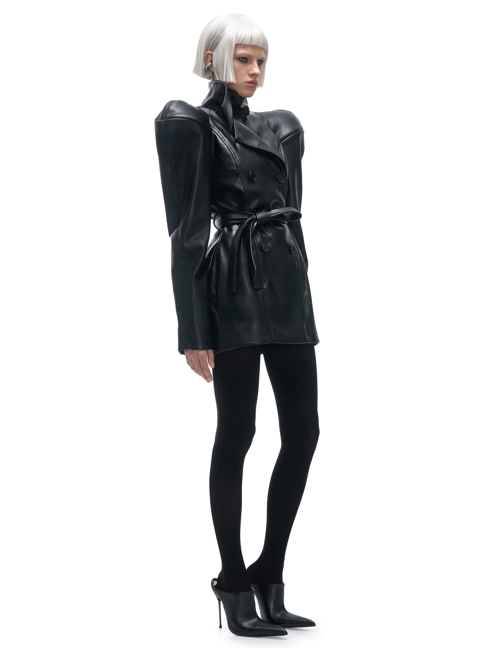Laur 2026 Women Faux Leather Mini Trench Coat Extreme Shoulder Pads Double Breasted Belted Gothic Punk Short Jacket