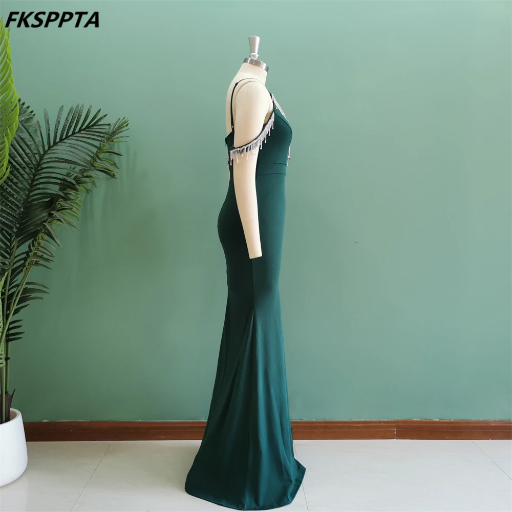 Green Long Elegant Mermaid Evening Dress 2024 Stunning Crystals Spaghetti Straps Backless Women Special Occasion Gowns In Stock