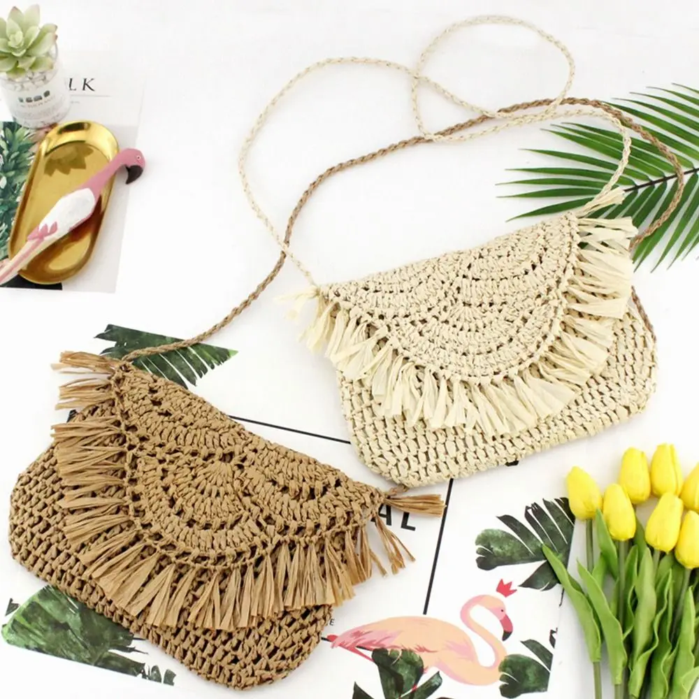 

Handmade Handbag Knit Women Girl Round Straw Handbag Tassel Beach Bags Straw Bag Summer Straw Bags