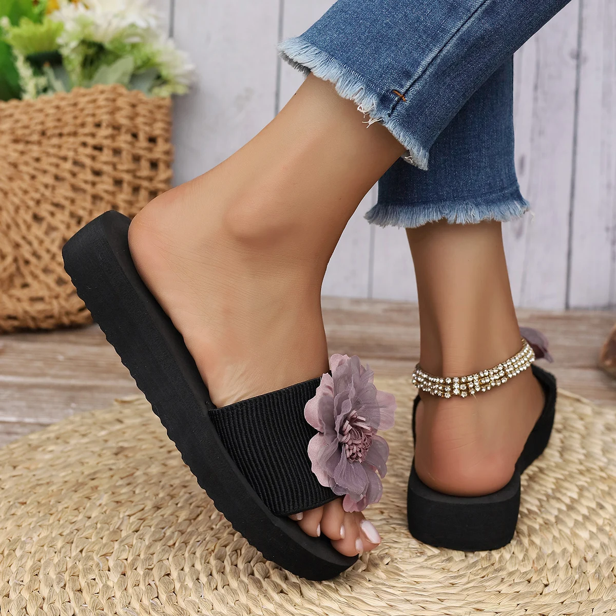 3cm Absatzhöhe Lila Kamelie Einfache Slip-On Sandalen für Damen – Detail 5