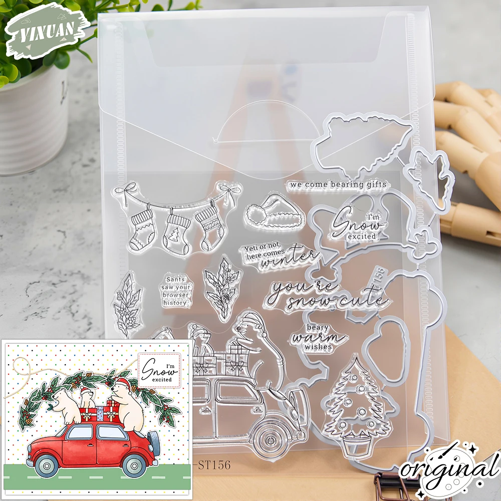 Clear Silicone Stamps For Card Making - Christmas Driving Polar Bears Cutting Dies