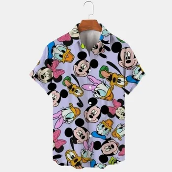 חדש 2024 הקיץ disney harajuku רזה מתאים 3D הדפסת לחצן גברים כפתור קצר שרוול קצר לאפל mickey מיני חולצה חמוד מזדמנים חולצה y2k