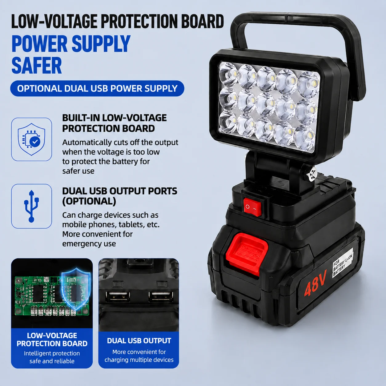 2-inch 18-bead handheld light, Miwaukee, DeWalt pin type, suitable for outdoor camping, construction sites, and fishing.