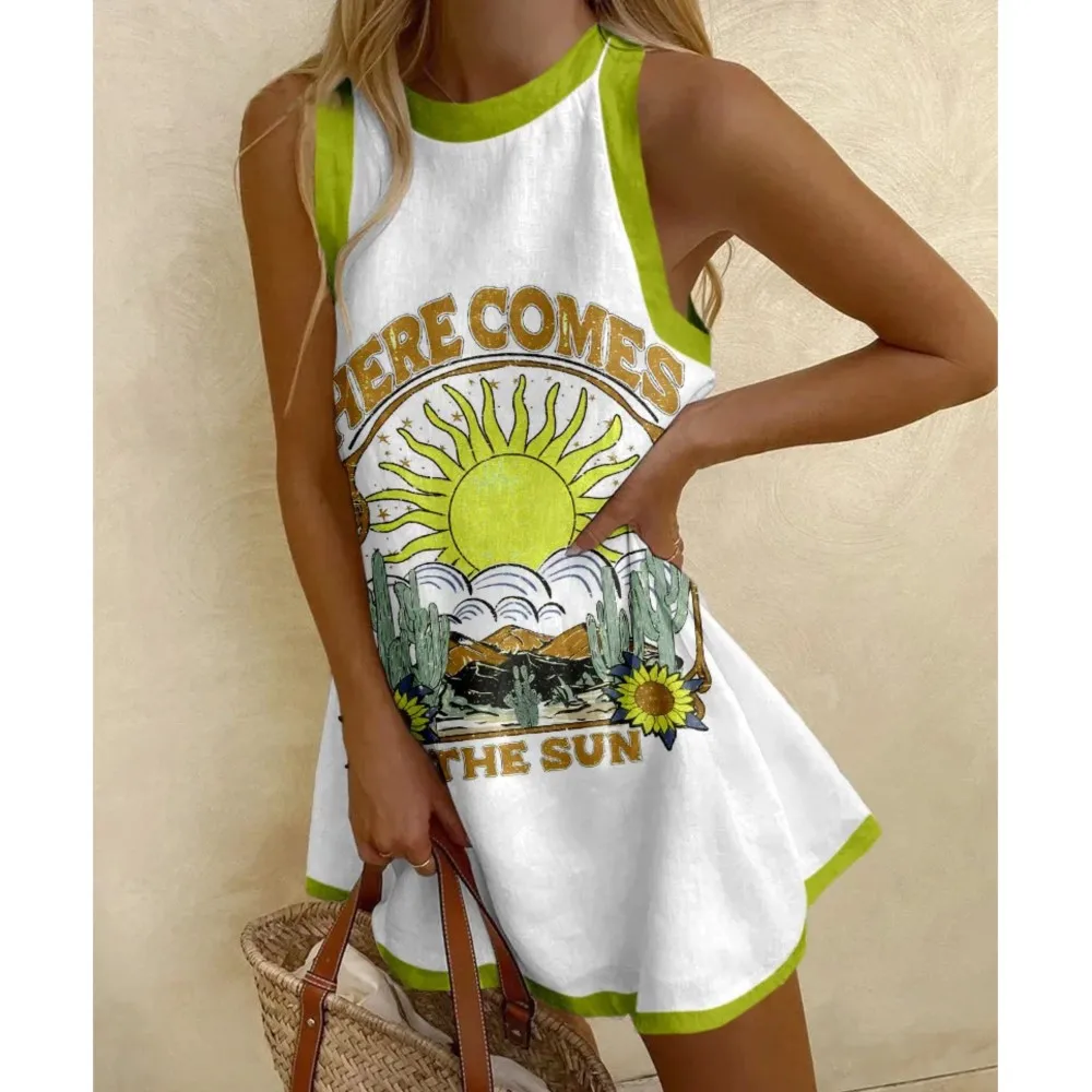 Casual Printed Sleeveless Beach Women's One Piece Skirt  Summer New Loose Simple Color-blocked Vest  Female Shirt Dresses 2025