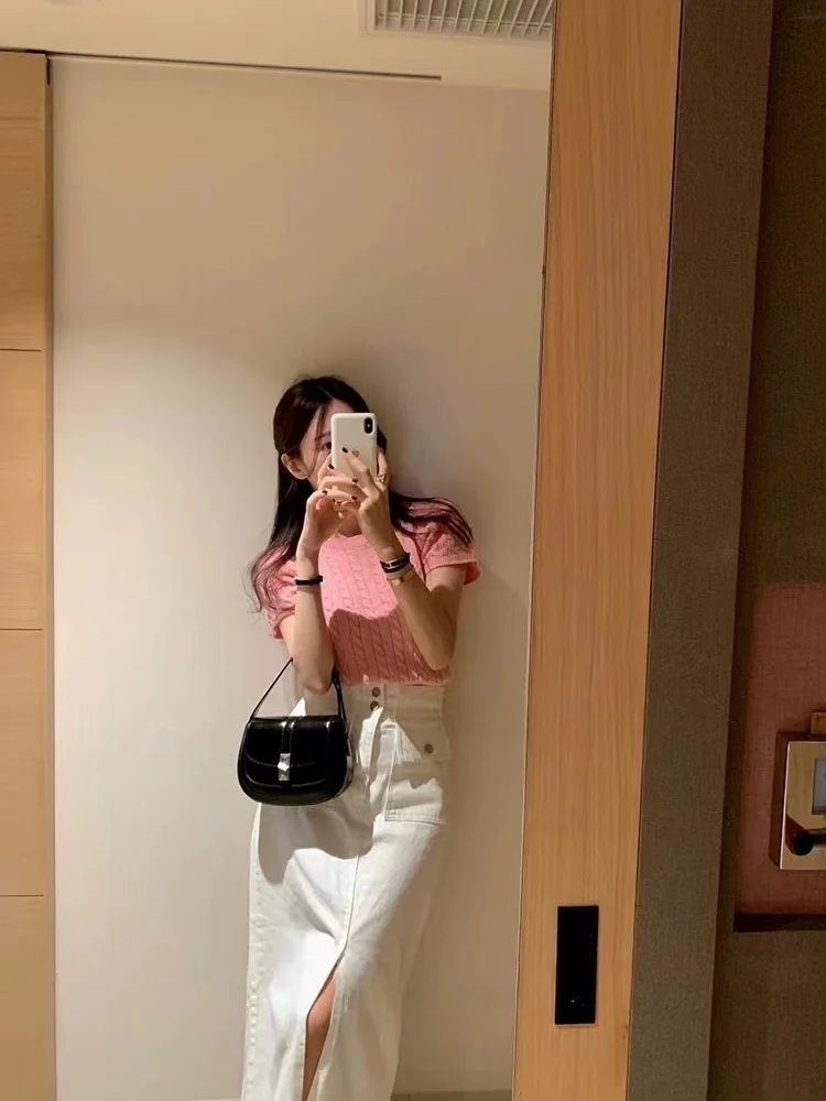 High Waist Long A-Line Straight Cut Denim Skirt for Women Slit Design Versatile Commute Slimming Effect Summer New Arrival