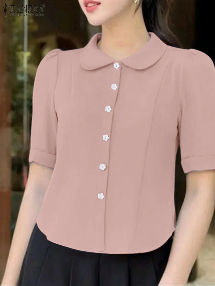 

ZANZEA Women Fashion Solid Shirts Elegant Short Sleeve Summer Tops 2025 Turn-down Collar Buttons OL Blusas Casual Loose Blouses