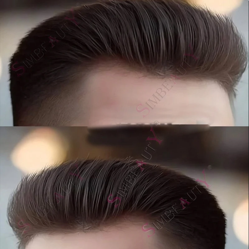 شعري طبيعي الرجال الشعر المستعار دائم رقيقة الجلد كامل بولي Base قاعدة الذكور بني داكن خصلات الشعر المستعار الإنسان متموجة/مستقيم رجل نظام الاصطناعية #1