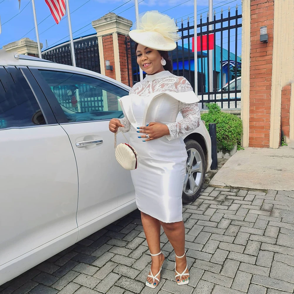 

Satin O-Neck Wedding Gowns African Long Sleeve Applique Tea-Length Lace Up Plus Size Luxury Mermaid Wedding Dresses Customized