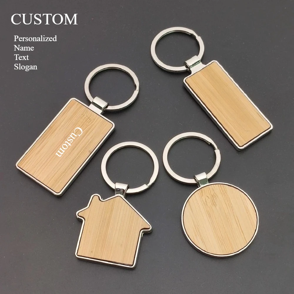 Custom LOGO Name Round Solid Beech Wood Keychain DIY Personalized Wooden Engraved Keyring Making Key Chain Ring Square Gift