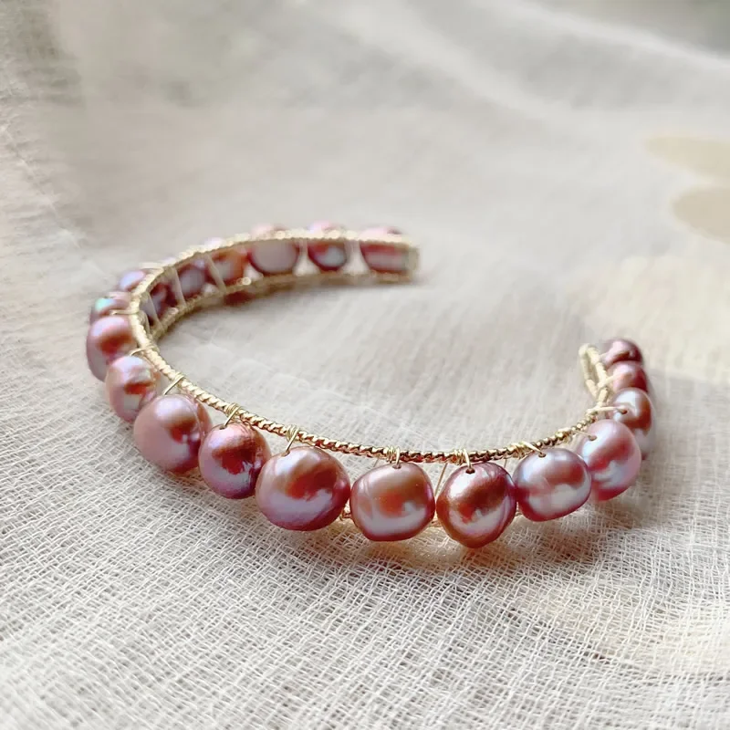 8-9mm Irregular Nuggets Shiny Purple Baroque Pearl Bracelet for Women Open Cuff Bangle Elegant Natural Freshwater Pearl Bracelet