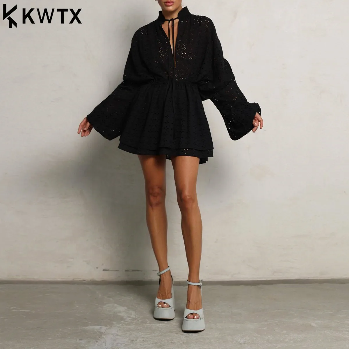 Kwtx elegante sexy noite mini vestido rendas recorte bordado gravata-cintura festa streetwear primavera verão 2025 simples chique