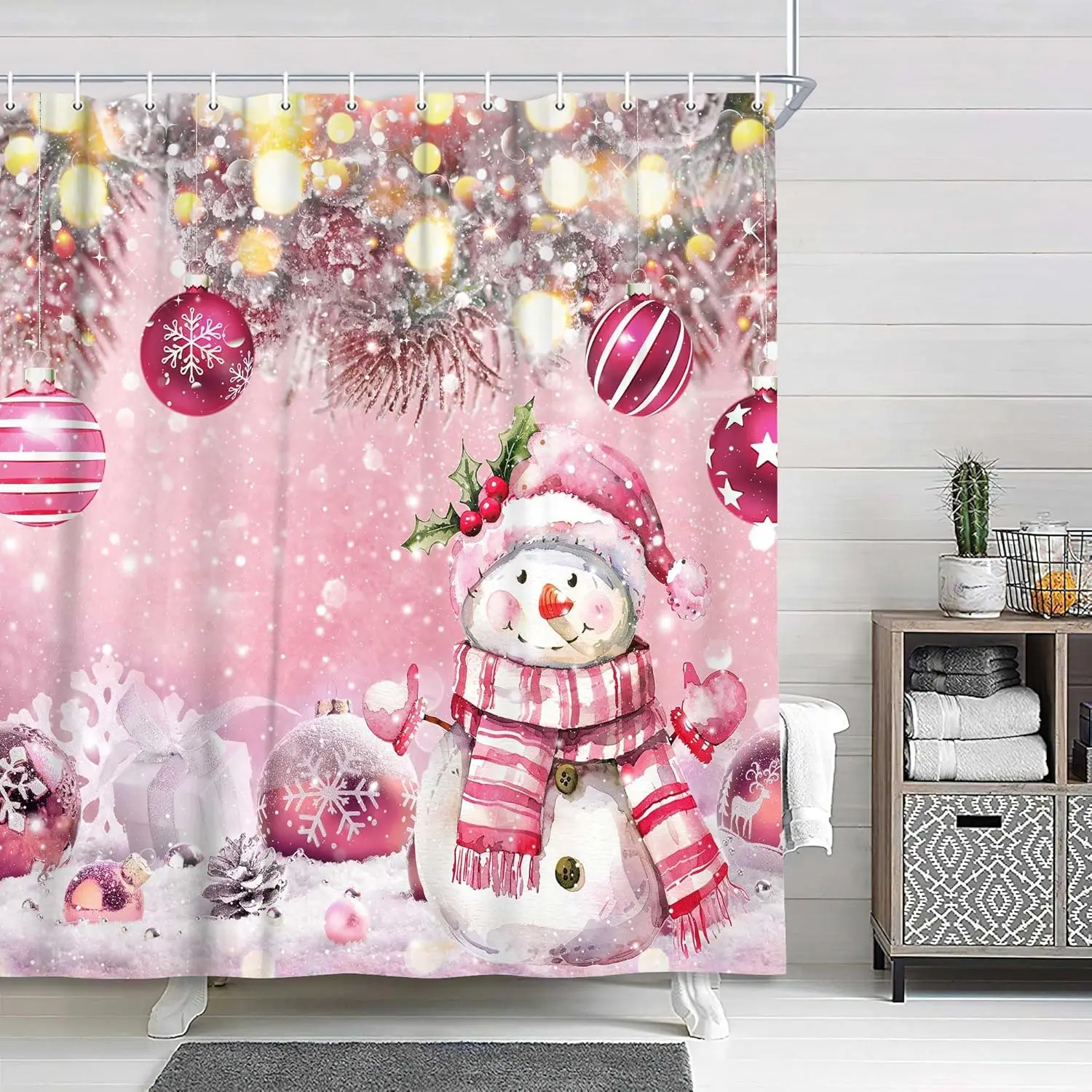 Christmas Winter Snowman Pink Ball Shower Curtain Snowflake Pine Tree Twig Bathroom Curtain for Holiday Decorations Waterproof