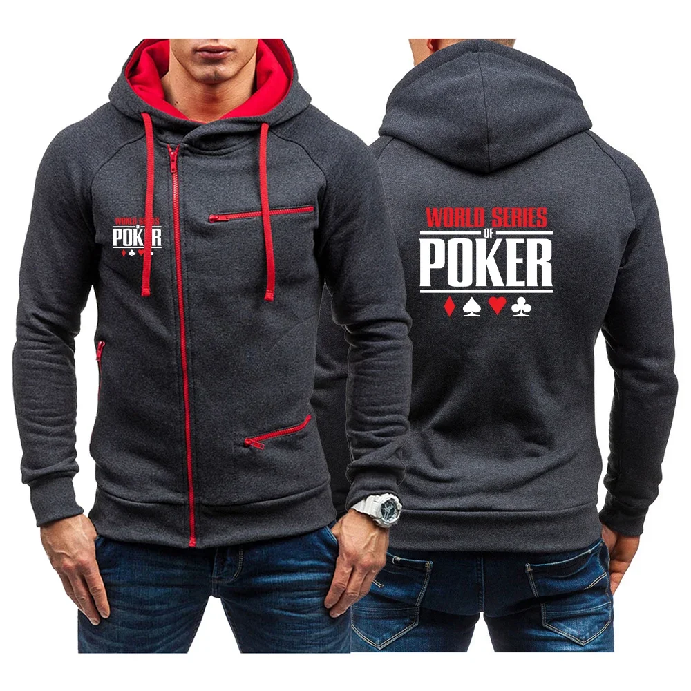 

World Series of Poker Men Print Hoodie Fashionable Diagonal Zipper Hooded Sweatshirt Solid Color Tracksuit Casual Top Clothing