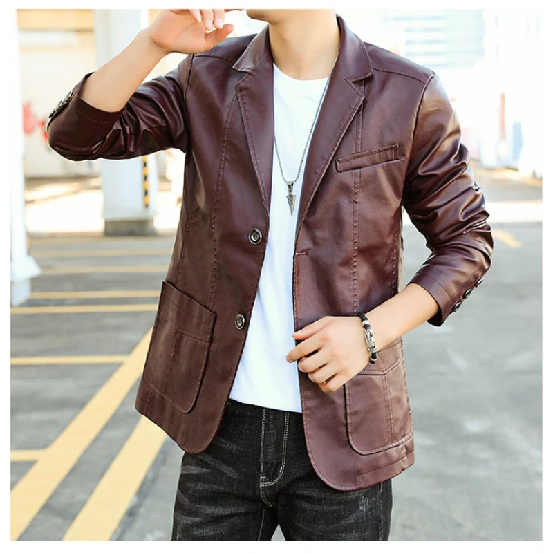Business Men's Slim Fit Leather Blazer Jacket High-Quality Fashion Trend All-Matching Autumn Winter PU Leather Workwear Coat Men