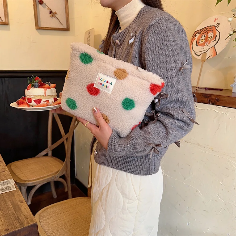 Ins Winter Fluffy Cosmetic Bag Color Polka Dot Large Capacity Travel Women Skincare Makeup Storage Pouch