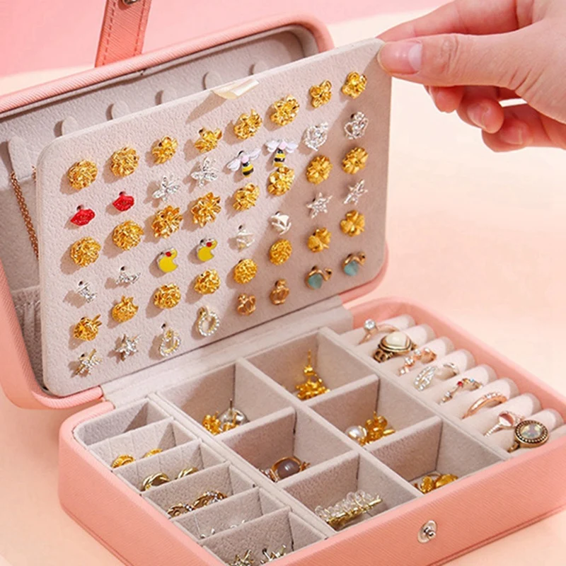 Leather Portable Jewelry Box Double Simple Earrings Ring Jewelry Casket Can Hold 68 Earrings