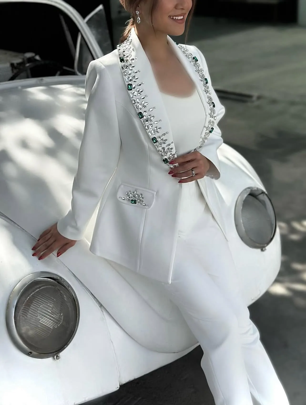 Elegant Women's Dresses Suit Gowns Beads Lapel One Button Jacket And Pants For Female Satin 2 Pieces Suit Customized